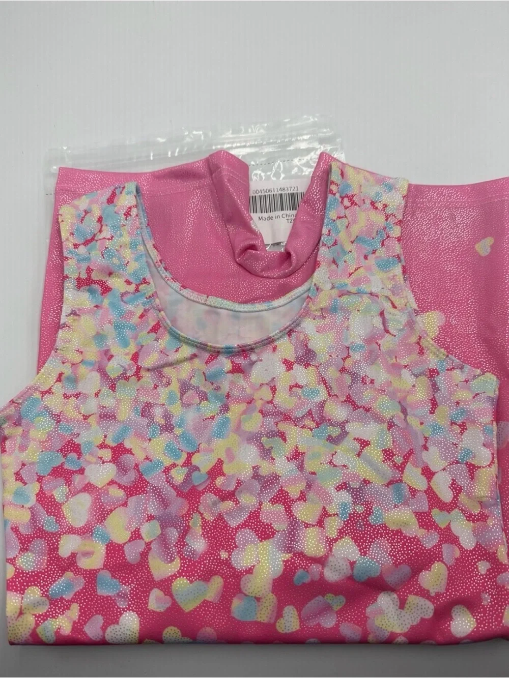 Girls Gymnastics Biketard Leotard Pink Heart Confetti Size 130 (US 7–8)